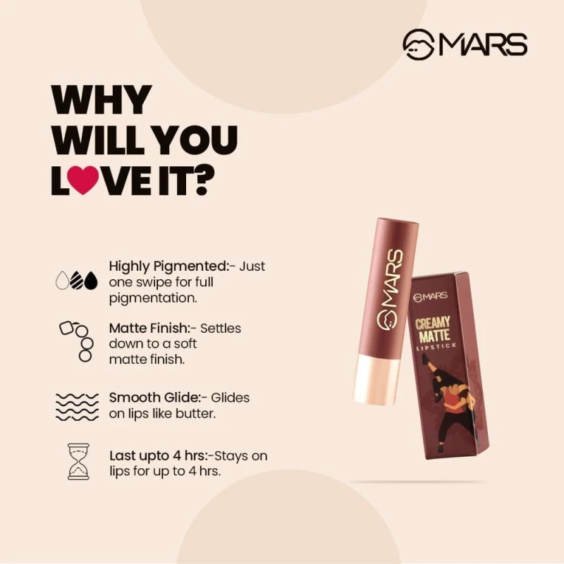 MARS Creamy Matte Long Lasting Lipstick for Women | Creamy Lipstick | Single Swipe Application | Smooth & Light Weight (3.2 gm) (06-Bhangra Bloom) thumbnail 5